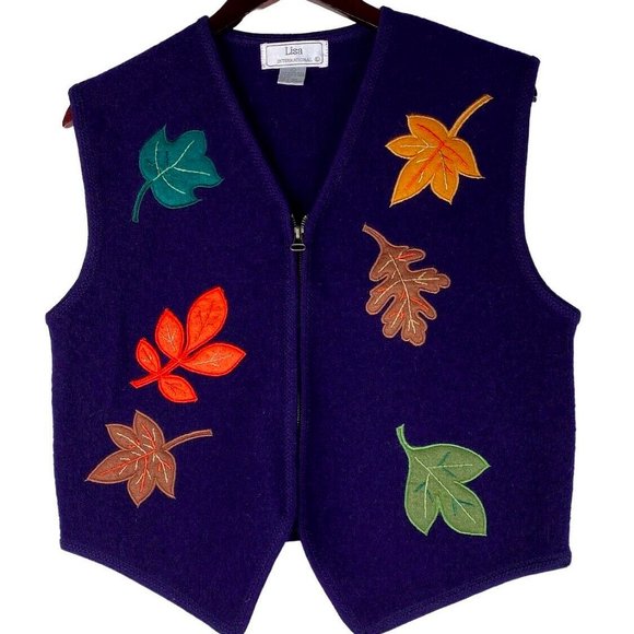 Lisa International Large 12 14 Vest Boiled Wool Leaves Autumn Fall Appliqué Blue - Picture 1 of 3
